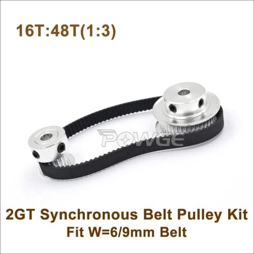 POWGE 16 Teeth 48 Teeth GT2 Timing Belt Pulley Kit 1:3 Speed Ratio 16T:48T 2M/2GT Reduction Pulley For W=6/9mm 232-2GT Belt