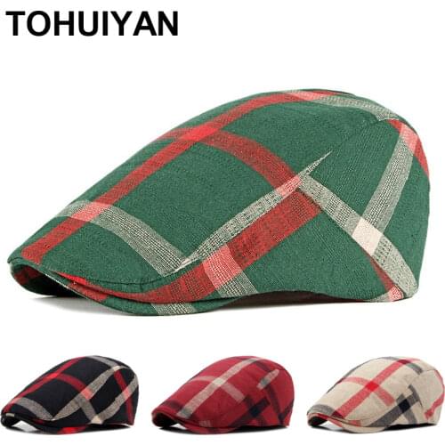2021 New Men Berets British Plaid Cotton Flat Caps Stylish Duckbill Visor Newsboy Hats Outdoor Adjustable Driver Hat for Women