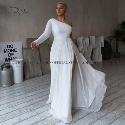 Sexy Sheer Neck Long Sleeves Plus Size Wedding Gown Chiffon Beach Bride Dress Vestido de Novia Side Slit Boho Bridal Gown 2021