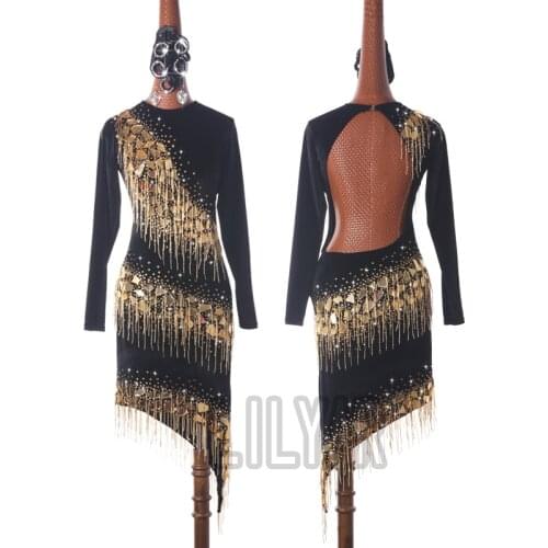 New Latin Dance Dress Skirtes Competition Dresses Decoration Latin Dance Costumes Skirt Black Velvet Elastic Fabric Bead Fringe