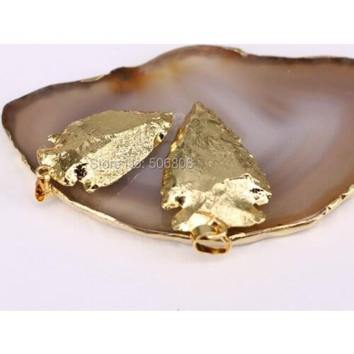 ZYZ-P1947 10pcs Small Size stone Arrow Pendant Charms, Gold color edged Arrowhead Pendant Charms