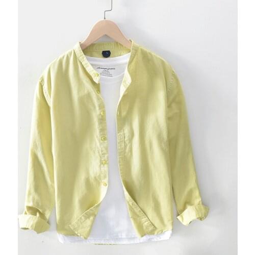 Japanese Vintage Simple Fashion Men Shirts Long Sleeve Stand Collar Cotton Casual Shirts Men England Style Leisure Linen Shirts