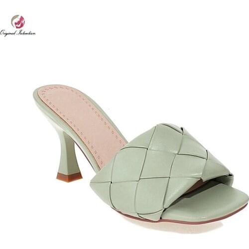 Women Slippers High Heels Sandals Pu Leather Braid Pleated Casual Shoes Summer Drags Outside Beach Holiday Slides Female Pumps