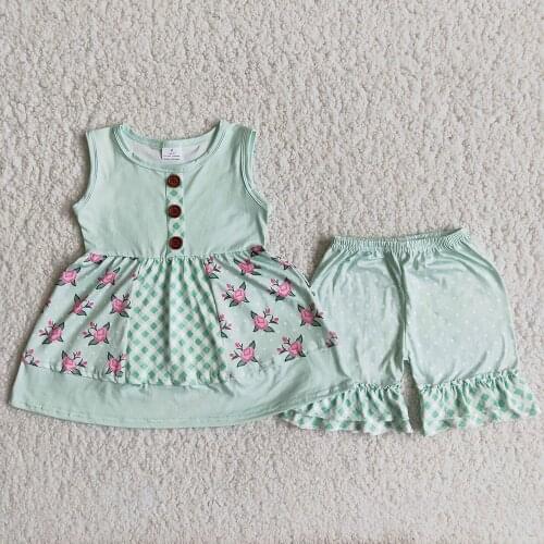 High Quality Children Sleeveless Outfit Baby Girls Polka Dot And Flowers Pattern Stitching Tunic Match Ruffle Shorts