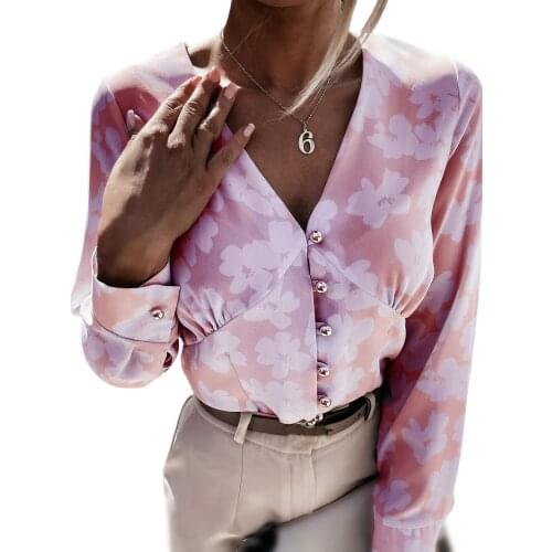 Women’s Loose Casual Button Down Shirts Sexy Deep V Neck Long Sleeve Floral Print Slim Fitted Tops for Spring Autumn