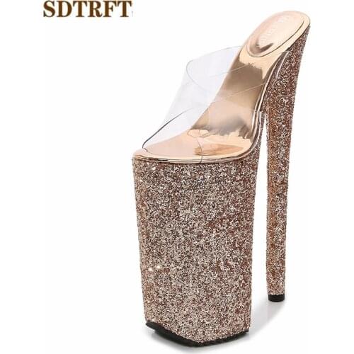 SDTRFT Summer Ladies Nightclub Sequins Shoes Woman Sandals 16cm Platform Sexy 26cm Thin High Heels Non-slip Gladiator Slipper