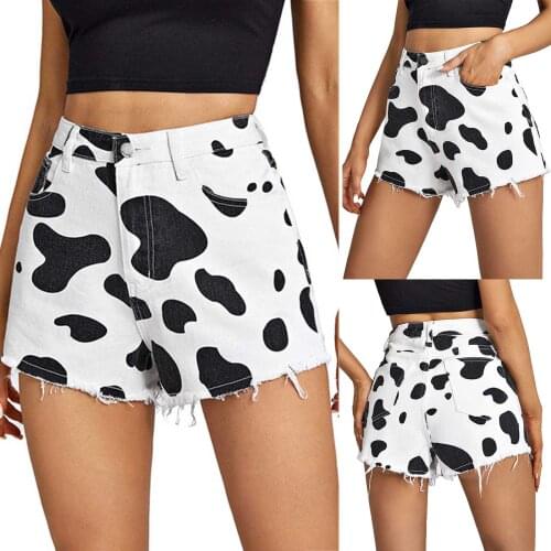 2021 New Women Loose Style Denim Shorts, Cow Printed Pattern High Waist Shorts with Pockets, Black/ Brown