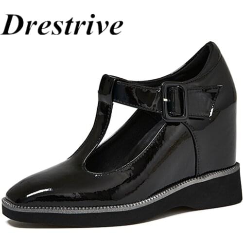 Drestrive Wedges Mary Janes Buckle Patent Leather Size 32 Platform Square Toe 2021 Summer Shoes Thick Increasing High Heels