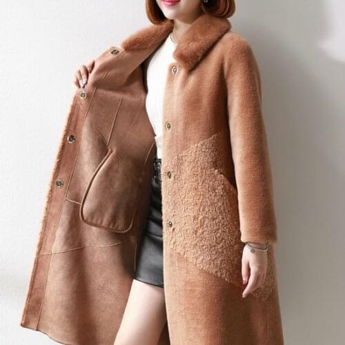 Sheep Real Shearing Fur Coat Female Natural Wool Jackets Women Winter Long Overcoat Spring Mink Fur Collar LWL244990