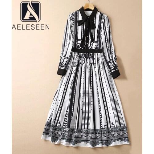 AELESEEN Runway Fashion Autumn New Women Dress Full-Sleeve Black White Contrast Color Print Dots Flower Elegant Long Dress