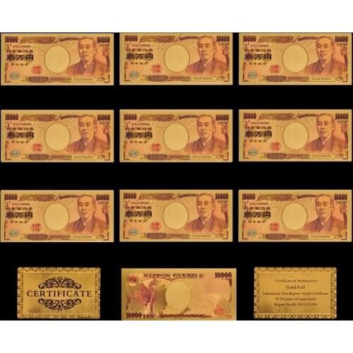 10Pcs/Lot Color Japanese Gold Banknote 10000 Yen Bank Bill in 24k Gold Currency Paper Money For Collection