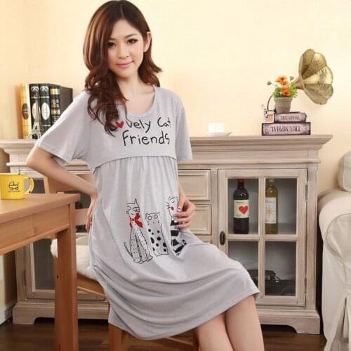2019 Summer Breastfeeding Sleepwear Dress Cartoon Maternity Nursing Pajamas Gray Pregnancy Nightwear Cotton Pregnant Sleepwear