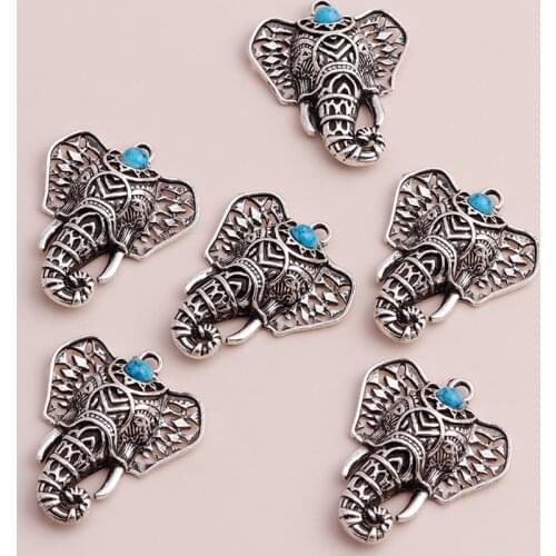 5pcs Vintage Alloy Jewelry Boho Natural Stone Beads Retro Animal Elephant Pendants Charms for DIY Necklaces Bracelets 37x32mm