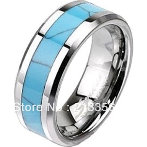 Free Shipping Cheap Price Jewelry USA Brazil Russia HOT Selling 8MM Mens Turquoise Inlay Silver Beveled Tungsten Wedding Ring