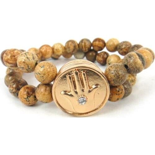 Free shipping new arrive 8mm brown semi precious stone double row Bracelet crystal fatimas hand press metal button Bracelet