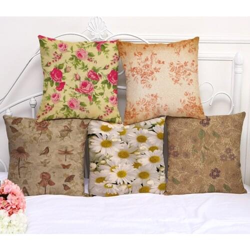 Decorative Pillow Cushion Case Flower Chrysanthemum Rose Pillowcase 17.5 Inch Cotton Linen Chair Seat Throw Pillow Cover P1073