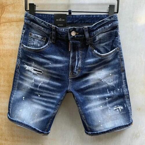 Summer New Dsquared2 Denim Shorts Mens Fashion Self-Cultivation Micro-Elastic Hole Patch Paint Five-Point Pants Shorts