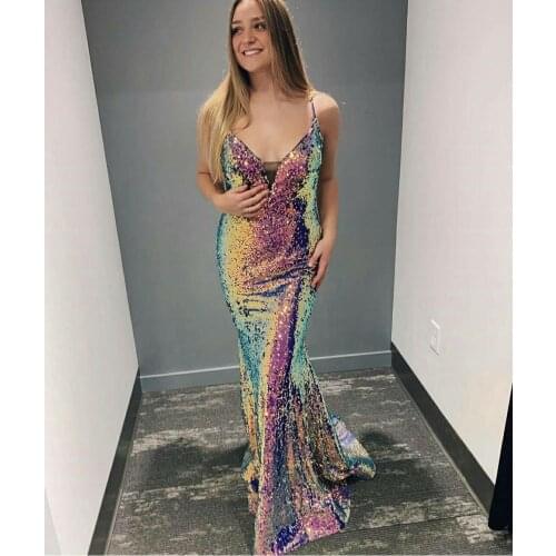 Elegant Sexy Long Rainbow Sequin Evening Dresses with Criss Cross Back Mermaid Floor Length V-Neck Formal Party Dress for Women