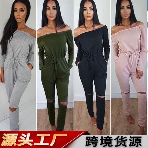 FNOCE Cross-border Foreign Trade Autumn And Winter Womens clothing Lace-up Collar Strapless Sexy Long-sleeved Jumpsuit