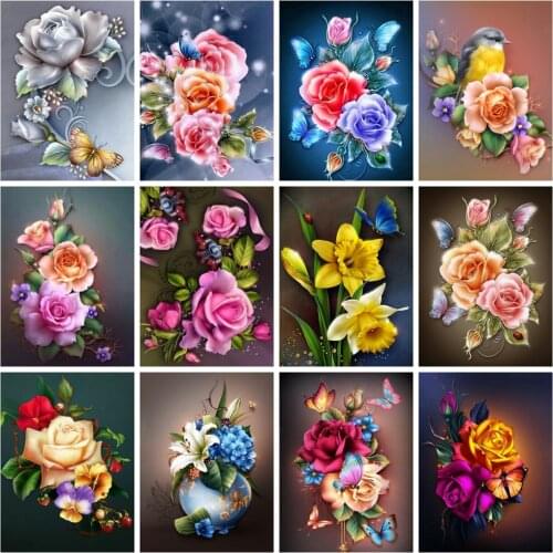 Huacan Diamond Art Painting Mosaic Rose Flower Full Square/round Diamond Embroidery Floral Butterfly Wall Decor