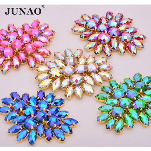 JUNAO 2pc 45*59mm Sew On Colorful AB Crystals Glass Flower Rhinestone Applique Flatback Gold Claw Strass Sewing Crystal Stones
