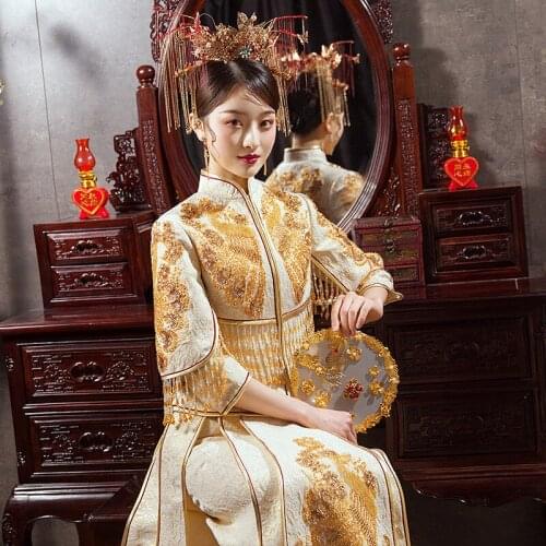 Classic Mandarin Collar Sequins Beading Cheongsam Phoenix Embroidery Chinese Wedding Dress Traditional Tassel Qipao Vestidos