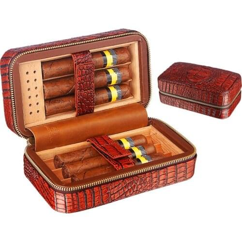 Business Portable Crocodile grain Cigar Box Cedar Wood 6 sticks Zipper design Men Gadget Humidifier Outdoor travel Gift For Boy