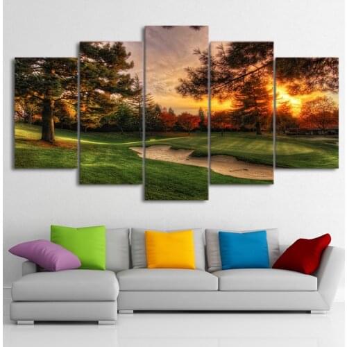 Modular Pictures Wall Art Canvas Painting Prints 5 Pieces Golf Course Trees Sunset Landscape Poster Room Home Decor Frame PENGDA
