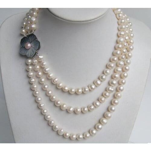 New Arriver Real Pearl Jewellery,Triple Strand White Color AA 8-9MM Genuine Freshwater Pearl Necklace,Shell Flower Clasp