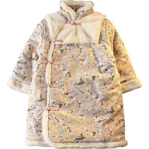 Kids Dress Girls cheongsam new Year clothing winter thick turtleneck warm fashion flowers pattern hanfu baby Chinese style dress