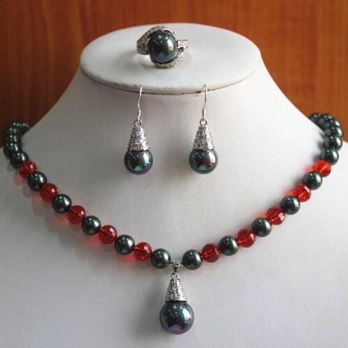 Birthday gift! jewelry set!Wholesale noble Womens 8mm black pearl mixed red crystal Necklace earring ring(7/8/9) set #222