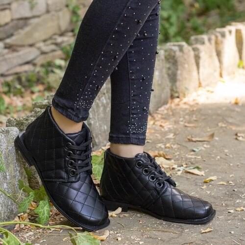 Tonar Diani Black Skin Lace-Up Women Boots New Season Comfortable and Stylish Mini Detailed