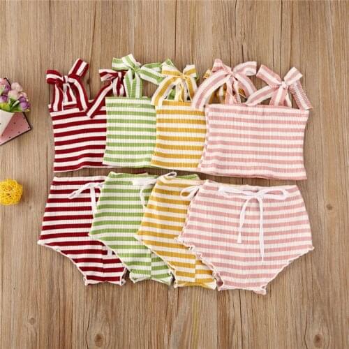 2020 Baby Girls Striped Ribbed Knitted Clothes Set Baby Summer Tie-up Shoulder Strap Tube Top+High Waist Shorts 2Pcs Stylish Set