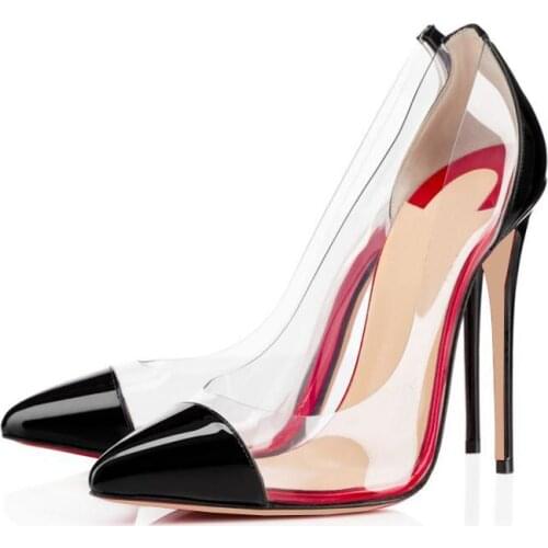 Spring new pointed shallow mouth PVC transparent stitching stiletto single shoes banquet dress large size fashion womens shoes