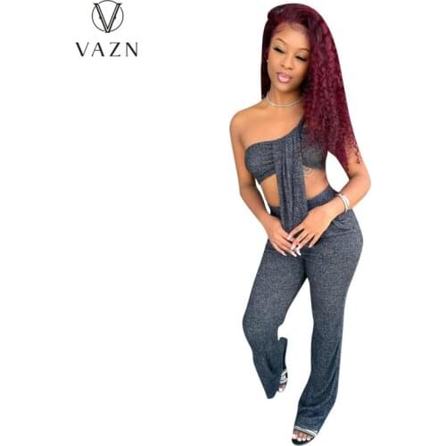 VAZN 2021 Top Quality Sexy Holiday Young Open Solid One Off Shoulder Long Boot Cut Pants High Waist Women 2 Piece Set