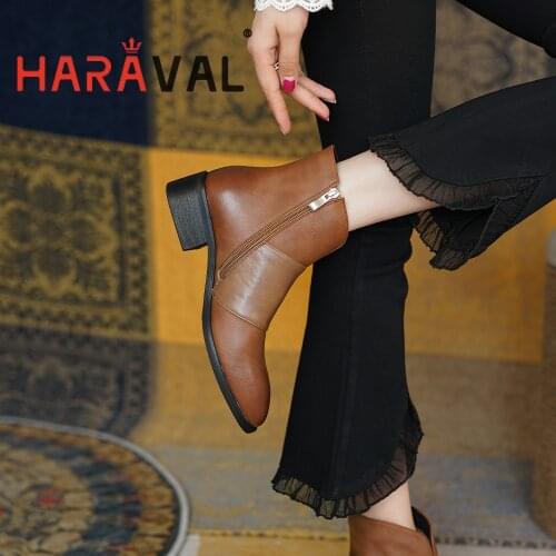 HARAVAL Women Ankle Boots Shoes Black Brown Round Toe Modern Boots Spring/Autumn Winter Genuine Leather Solid Shoes Women E419L