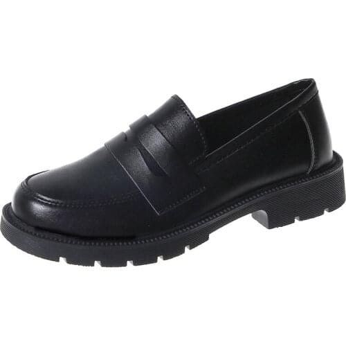 New Slip on Oxford Shoes for Women Shoes Woman Metal Buckle Square Platform Shoes Round Toe Heels Solid Leather Casual Shoes