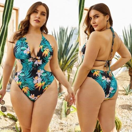 PLUS SIZE Deep V Open Back One-Piece Swimsuit Strap Swimsuit Tropical Print Swimsuit