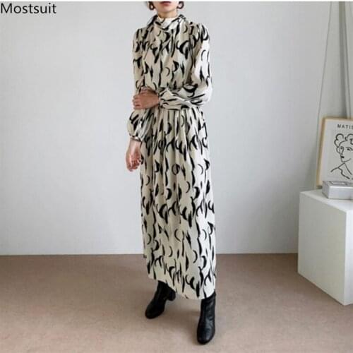 Spring Autumn Women Long Printed Dress Korean Elegant Vintage Bow Tunic Slim Puff Sleeve Fashion Dresses 2020 Robe Femme