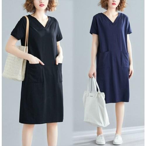 2020 Summer New Plus Size Dress Women Korean Solid Thin Pocket Short-sleeve T-shirt Dress Fashion Loose Ladies Dresses Tide G289