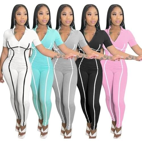 ZKYZWX Sexy Striped Bodycon Jumpsuit for Women Summer Clothing Long Sleeve Zip Fitness Outfits Female One Piece Tracksuit Romper