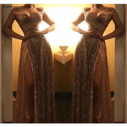 2019 Cheap Off Shoulders Evening Dress Sexy Side Split Sequined Holiday Women Wear Formal Party Prom Gown Custom Made Plus Size