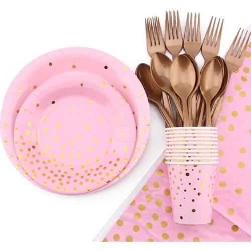 51Pc/Set Pink Polka Dot Hot Stamping Theme Disposable Tableware Birthday Decoration Baby Shower Plate Cups Napkin Party Supplies