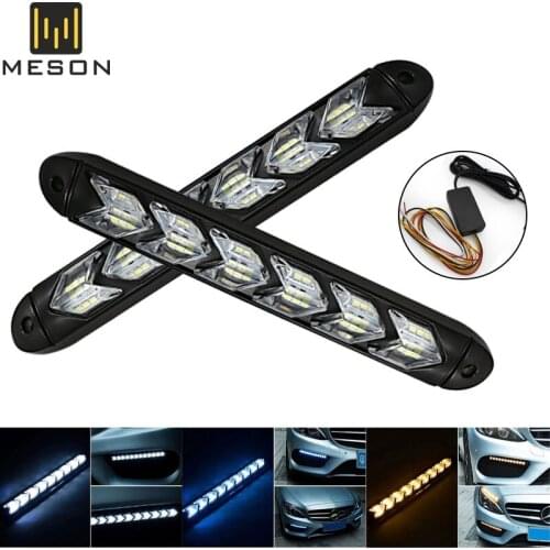 2Pcs Car LED Daytime Running Light Universal Waterproof Headlight Strip DRL Sequential Flowing Yellow Turn Signal White Light
