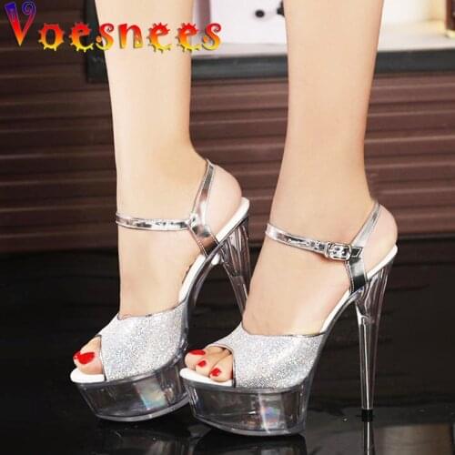 Voesnees New Sexy Women ShoesThick Bottom Car Models Shoes 15cm High-heeled Sandals Silver Sequins Nightclub Shoes Plus Size
