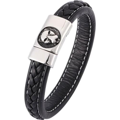 Stainless Steel Leopard Head Magnet Buckle Bracelet Men Jewelry Black Leather Bracelet Punk Wristband Bangles Gifts PD0360