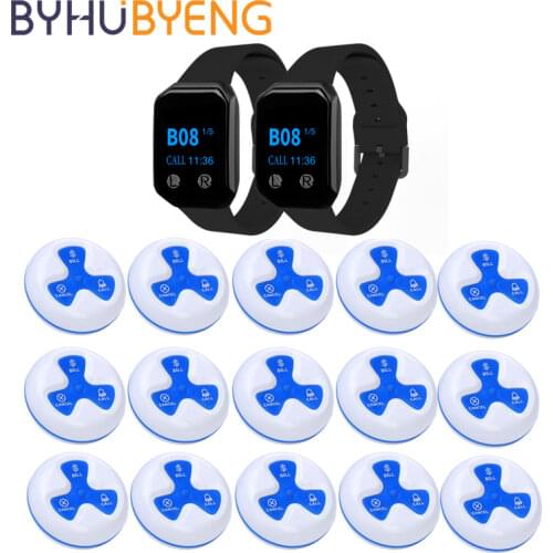 BYHUBYENG 2 Watch Receivers 15 Call Transmitter Buttons Wireless Calling System Waiter Pager Restaurant Service