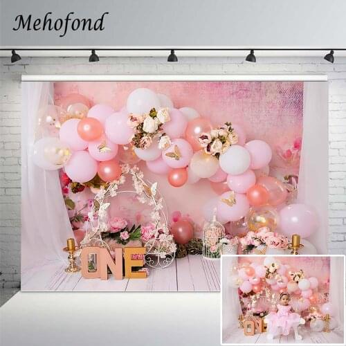 Mehofond Photography Backdrops Newborn Baby 1st Birthday Pink Balloon Butterfly Flower Photo Background Shoot Studio Photophone