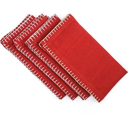 Red Linen Beige Sergeant Stitched 4-Piece Napkin Set, 45*45 cm., dining Room, Table Napkin, Garden Table