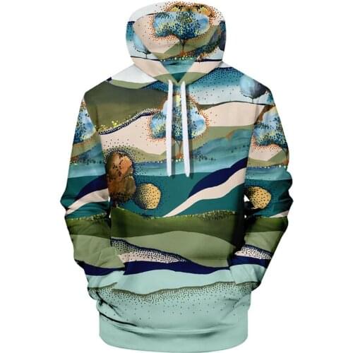Mens abstract landscape creative printing 3D digital printing pullover 3D drawstring hooded sweater